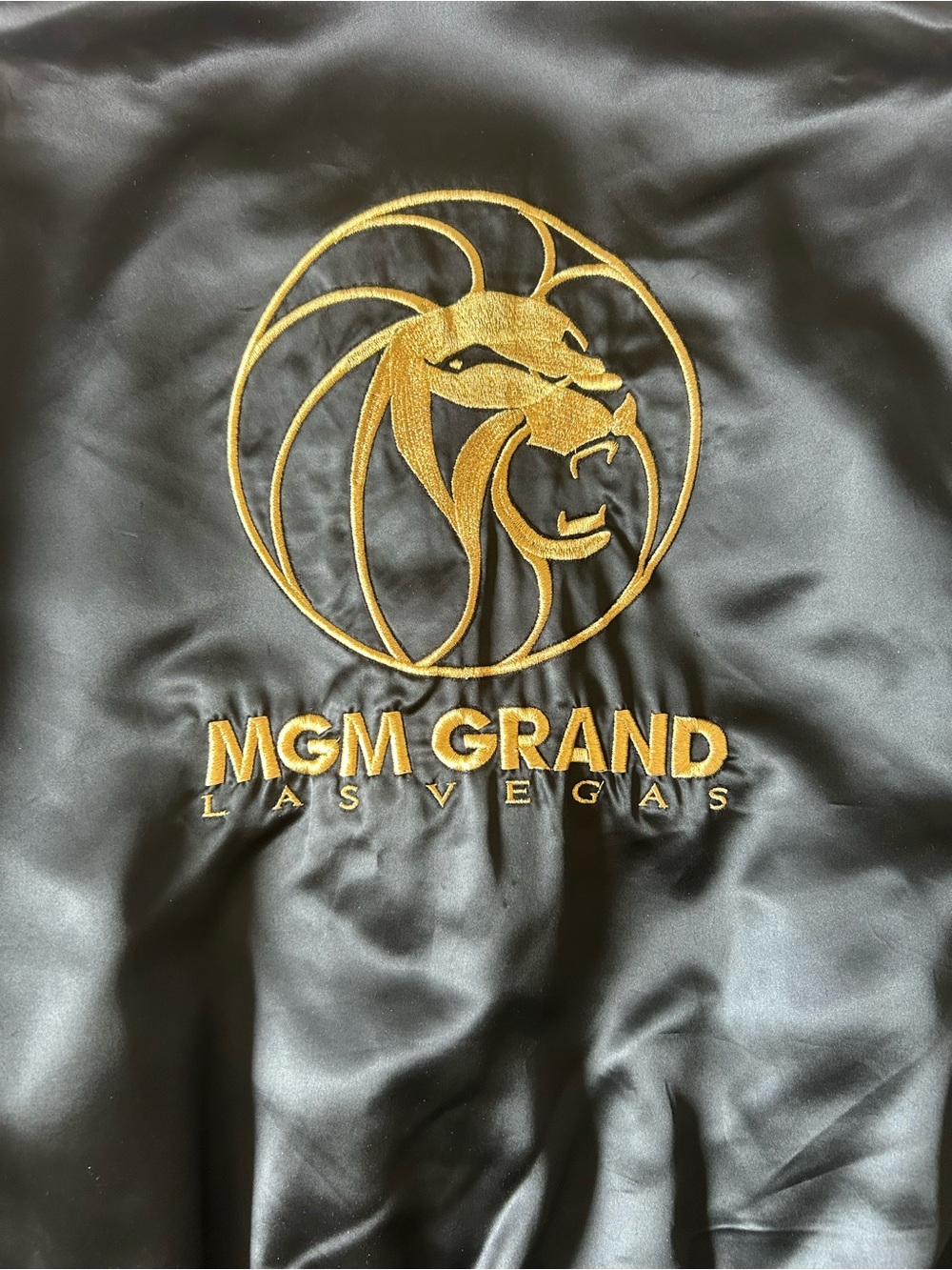 Vintage MGM Grand Las Vegas Satin Bomber Jacket Made USA XL Black Gold